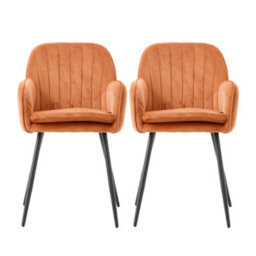 Thehotsale Set Of 2 Orange Velvet Dining Chairs With Armrests And Black Iron Legs - thumbnail 2