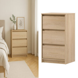 Impact Furniture Narrow Chest Of Drawers Slim Storage Cabinet Handleless 3 Drawer Unit White Washed Light Oak Effect Mana