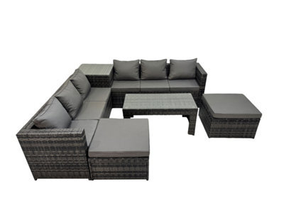 Fimous Garden Rattan Outdoor Furniture Set 8 Seater Patio Corner Sofa Oblong Coffee Table With 2 Big Stool Side Table Dark Grey - image 1