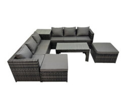 Fimous Garden Rattan Outdoor Furniture Set 8 Seater Patio Corner Sofa Oblong Coffee Table With 2 Big Stool Side Table Dark Grey - thumbnail 1