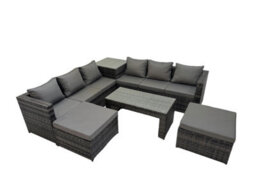 Fimous Garden Rattan Outdoor Furniture Set 8 Seater Patio Corner Sofa Oblong Coffee Table With 2 Big Stool Side Table Dark Grey - thumbnail 2