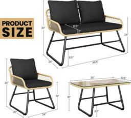 London Boutique 4 Piece Rattan Garden Furniture Set, Outdoor Sofa And Chairs With Cushions, Glass Table For Patio, Balcony, Black - thumbnail 3