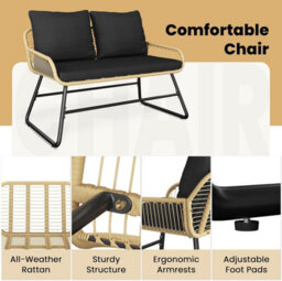 London Boutique 4 Piece Rattan Garden Furniture Set, Outdoor Sofa And Chairs With Cushions, Glass Table For Patio, Balcony, Black - thumbnail 4