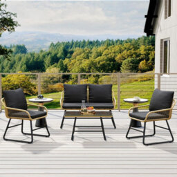 London Boutique 4 Piece Rattan Garden Furniture Set, Outdoor Sofa And Chairs With Cushions, Glass Table For Patio, Balcony, Black