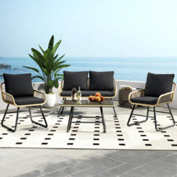London Boutique 4 Piece Rattan Garden Furniture Set, Outdoor Sofa And Chairs With Cushions, Glass Table For Patio, Balcony, Black - thumbnail 2