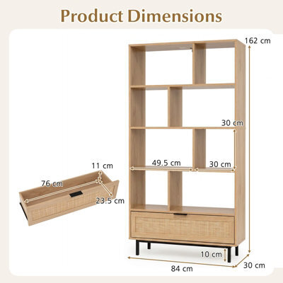 Costway 162Cm Tall Wooden Bookcase 6-Tier Bookshelf W/8 Cubes & Rattan Drawer - image 1