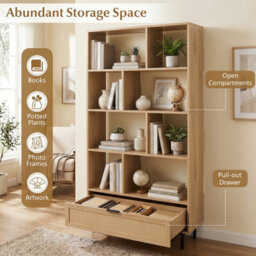 Costway 162Cm Tall Wooden Bookcase 6-Tier Bookshelf W/8 Cubes & Rattan Drawer - thumbnail 6