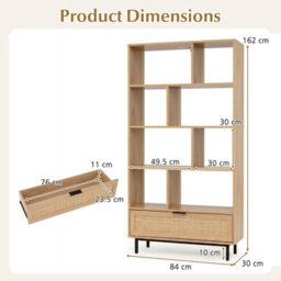 Costway 162Cm Tall Wooden Bookcase 6-Tier Bookshelf W/8 Cubes & Rattan Drawer