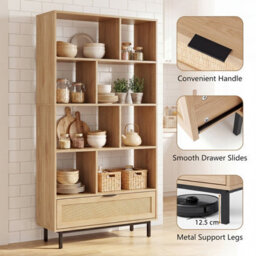 Costway 162Cm Tall Wooden Bookcase 6-Tier Bookshelf W/8 Cubes & Rattan Drawer - thumbnail 9