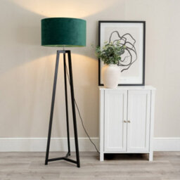 Valuelights Lottie Black Wood Tripod Floor Lamp With Forest Green Velvet Drum Shade