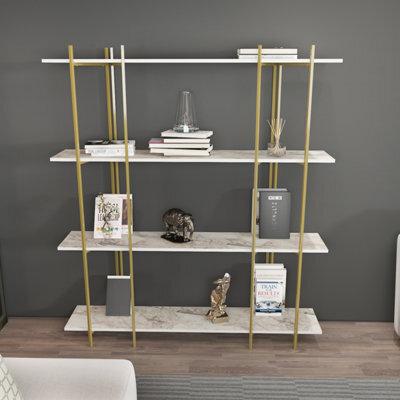 Decorotika Moss 3-Tier Bookcase Shelving Unit White Marble Effect & Gold - image 1