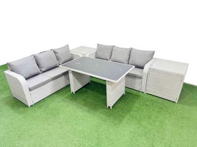 Fimous 6 Seater Rattan Outdoor Dining Table 3 Seater Sofa Set With 2 Side Tables Light Grey - image 1