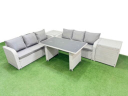 Fimous 6 Seater Rattan Outdoor Dining Table 3 Seater Sofa Set With 2 Side Tables Light Grey - thumbnail 2