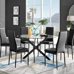 Furniturebox Uk Novara Black Leg 120Cm Round Glass Dining Table & 6 Black Milan Black Leg Chairs - thumbnail 1