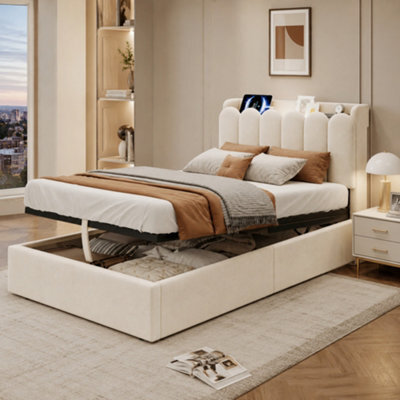 Abrihome Beige Velvet 3Ft Ottoman Bed Frame 90X190Cm, Gas-Lift Storage, Usb Ports & Reading Light - image 1