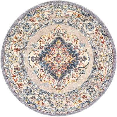 Livabliss Round Ankara-Vintage Grey Taupe Blue Traditional Boho Living Dining Bedroom Rug 160 X 160 Cm Easy Care, Non Shedding - image 1