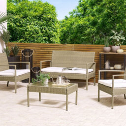 Beliani Garden 4-Seater Brown Faux Rattan Patio Set With White Cushions And Rust-Resistant Steel Frame - thumbnail 2