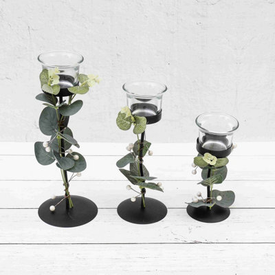 Annibells Set Of 3 Eucalyptus Black Metal Tea Light Holders (4701)