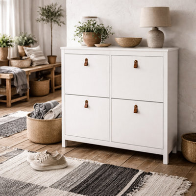 Wyld Haus Wildberry Matt White Wooden Shoe Cabinet With 4 Flip-Down Doors Leather Handles - image 1