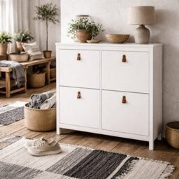 Wyld Haus Wildberry Matt White Wooden Shoe Cabinet With 4 Flip-Down Doors Leather Handles - thumbnail 1