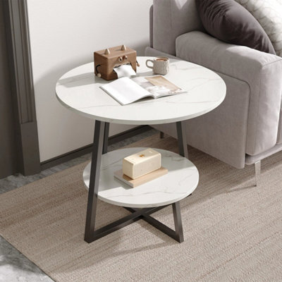 48Cm Round Side End Table Living Room Coffee Table 2 Tier Marble Effect Storage Shelf - image 1