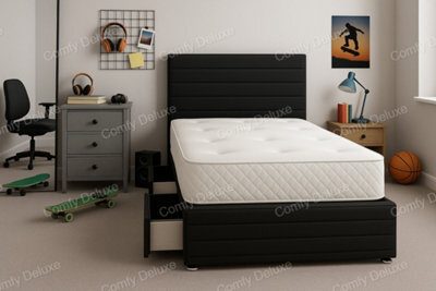 Comfy Deluxe Black Plush Divan Bed With Headboard And Footboard 5Ft Kingsize Storage No Drawers
