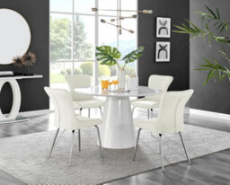 Furniturebox Uk Palma White High Gloss Round Dining Table & 4 Cream Nora Silver Leg Chairs