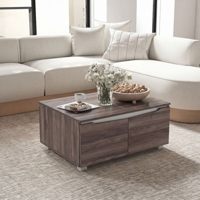 Costway Farmhouse Coffee Table With Storage Cabinet 80 X 60 Cm Center Table-Walnut - image 1