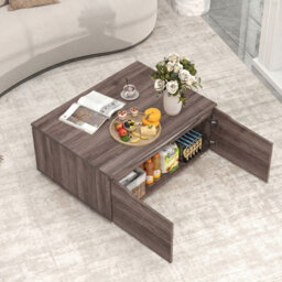 Costway Farmhouse Coffee Table With Storage Cabinet 80 X 60 Cm Center Table-Walnut - thumbnail 7