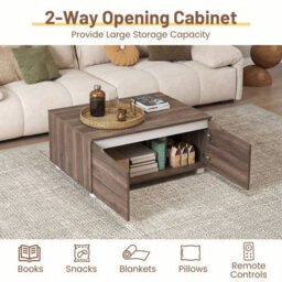 Costway Farmhouse Coffee Table With Storage Cabinet 80 X 60 Cm Center Table-Walnut - thumbnail 4