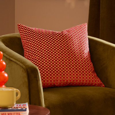 furn. Furn Checkered Velvet Polyester Filled Cushion, Maroon, 45 X 45Cm - image 1