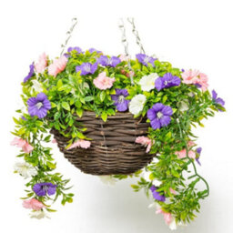 Primrose Artificial Petunia Flowers Rattan Hanging Basket Decoration Pink Purple & White 25Cm