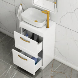 Royal Bathrooms 500mm Floor Standing Vanity Unit 2 Drawer Gloss White & Countertop Basin - Elva With Brushed Brass Handle - thumbnail 3