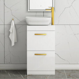 Royal Bathrooms 500mm Floor Standing Vanity Unit 2 Drawer Gloss White & Countertop Basin - Elva With Brushed Brass Handle - thumbnail 1