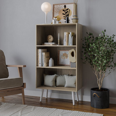 Urbn-Living Urbnliving 90Cm Height Wide Oak 3 Tier Bookcase Storage Cabinet Scandinavian Style White Legs - image 1