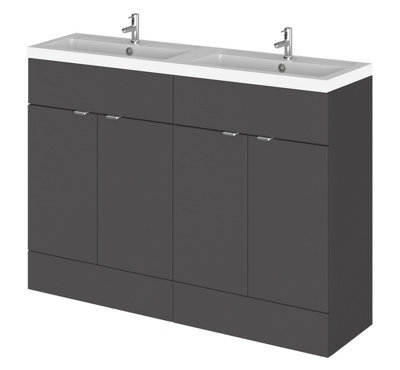 Hudson Reed Fusion Floor Standing 4 Door Vanity Unit & Twin Polymarble Basin, Stylish Sink Vanity Unit, Gloss Grey, 1200mm - image 1