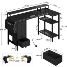 Yaheetech Black 140 Cm L Shaped Wooden Computer Desk With Charging Station & 4 Drawers - thumbnail 3