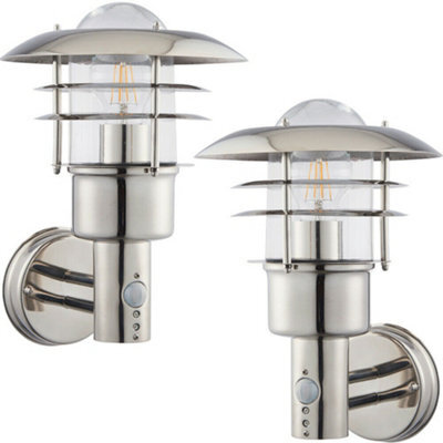 2 Pack Ip44 Outdoor Wall Lamp Stainless Steel Caged Glass Pir Lantern Over Light - image 1