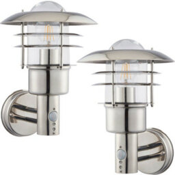 2 Pack Ip44 Outdoor Wall Lamp Stainless Steel Caged Glass Pir Lantern Over Light - thumbnail 1