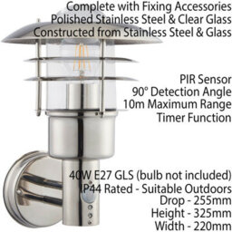 2 Pack Ip44 Outdoor Wall Lamp Stainless Steel Caged Glass Pir Lantern Over Light - thumbnail 2