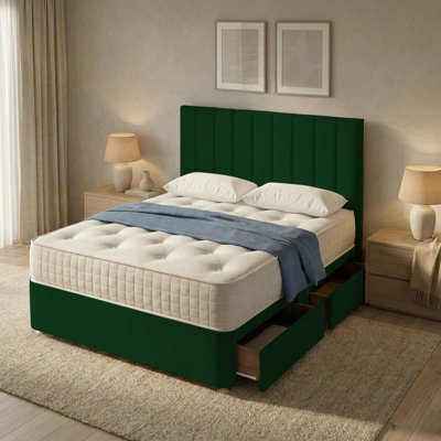 "Adore Designs Portland Plush Velvet Divan Bed, 50"" Headboard - 6Ft Super King - Emerald Green - 2 Drawers Same Side" - image 1