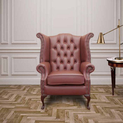 Chesterfield High Back Wing Chair Shelly Burgandy Leather In Queen Anne Style - image 1