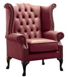 Chesterfield High Back Wing Chair Shelly Burgandy Leather In Queen Anne Style - thumbnail 3