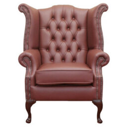 Chesterfield High Back Wing Chair Shelly Burgandy Leather In Queen Anne Style - thumbnail 2
