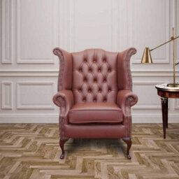 Chesterfield High Back Wing Chair Shelly Burgandy Leather In Queen Anne Style - thumbnail 1