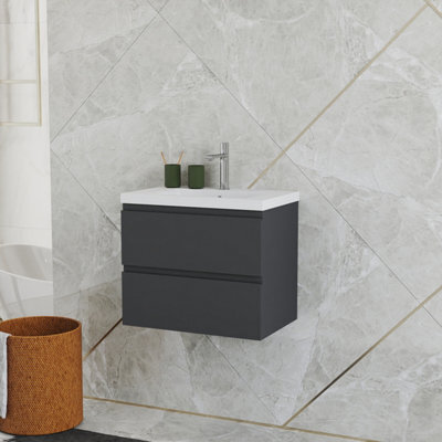 Probaty Bathrooms Vanity Unit Matte Anthracite Mdf,600X385X520mm,wall Mounted,2 Drawers With Artificial Stone Basin - image 1