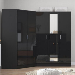 Reflect 2Pc Wardrobe Bundle - 2 Door Corner + 3 Door Mirror - Black Gloss & Black Oak - H: 180Cm X W: 179Cm X D: 103Cm - thumbnail 3