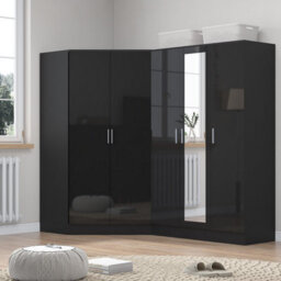 Reflect 2Pc Wardrobe Bundle - 2 Door Corner + 3 Door Mirror - Black Gloss & Black Oak - H: 180Cm X W: 179Cm X D: 103Cm