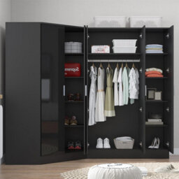 Reflect 2Pc Wardrobe Bundle - 2 Door Corner + 3 Door Mirror - Black Gloss & Black Oak - H: 180Cm X W: 179Cm X D: 103Cm - thumbnail 4