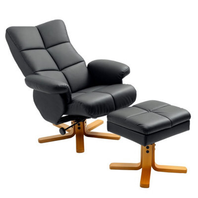 Black Recliner Chair With Ottoman Footrest Storage Space Pu Leather Wooden - image 1